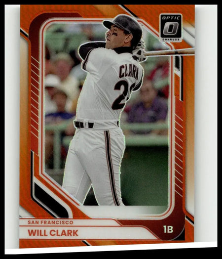 Orange and black framed clark optic orange baseball trading card featuring will clark in san francisco giants uniform 23