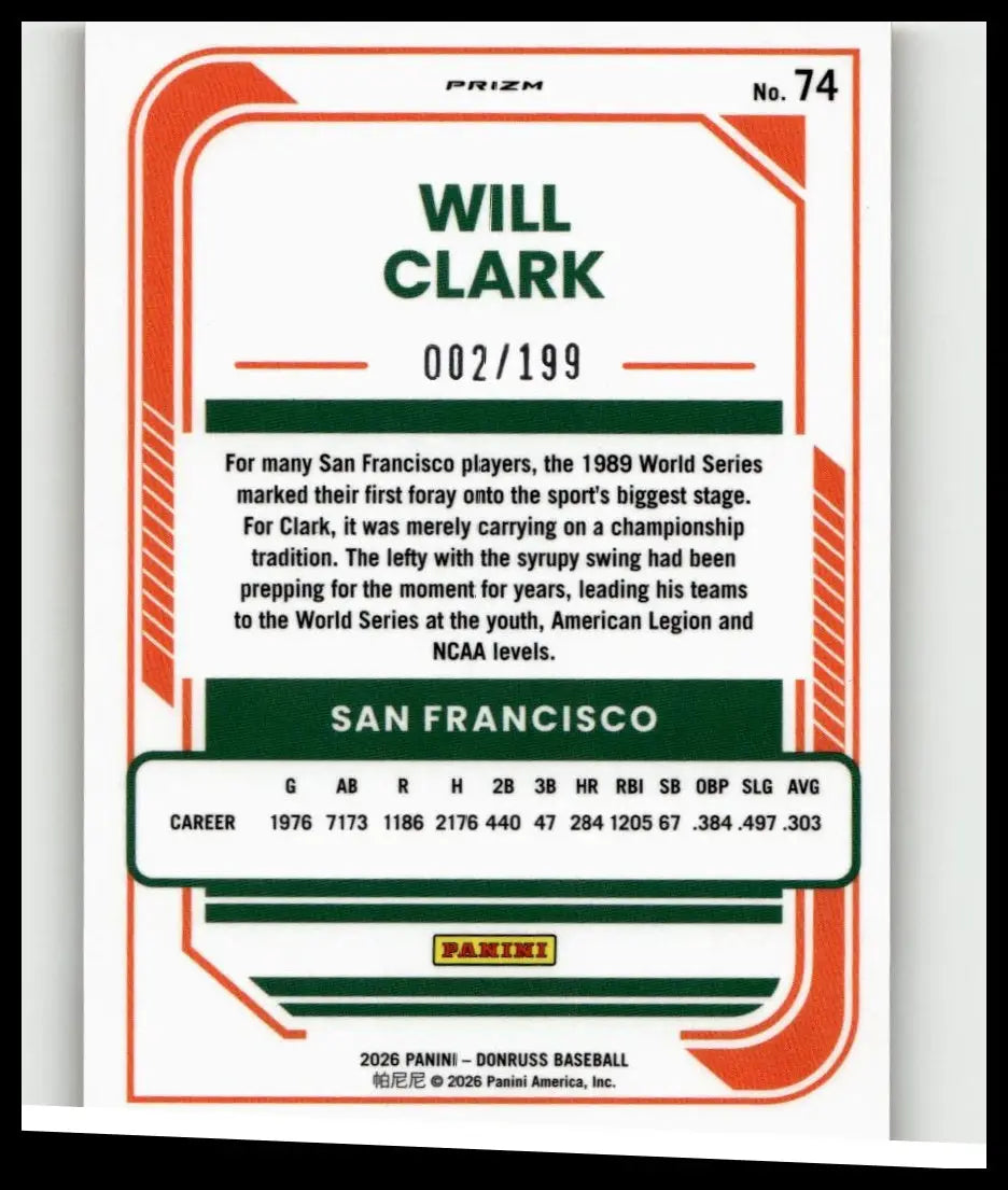 Orange and green framed 2026 donruss clark optic orange baseball trading card numbered 002 of 199
