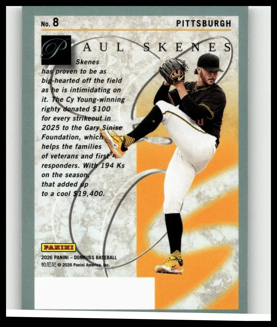 A 2026 donruss baseball trading card of paul skenes elite series showing him mid-pitch in a black and gold uniform