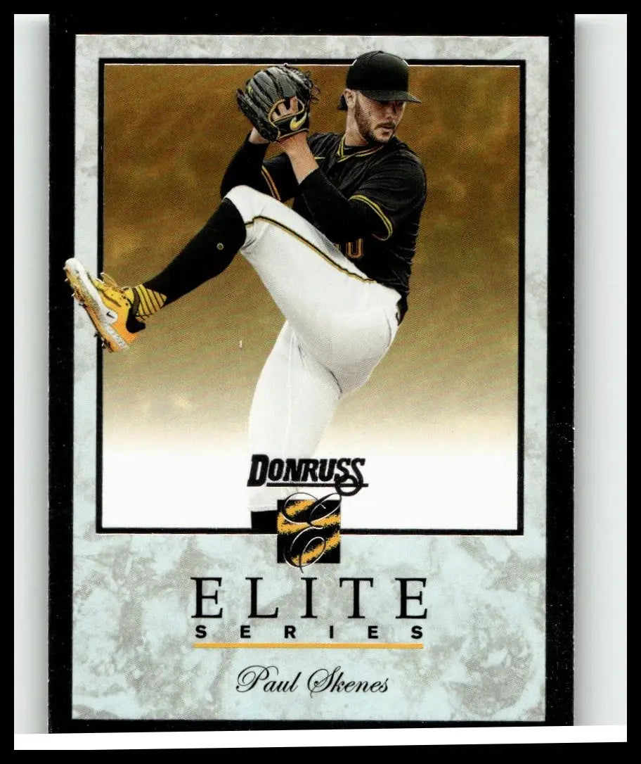 Black and gold 2026 donruss #8 paul skenes elite series baseball trading card showing pitcher in mid-throw