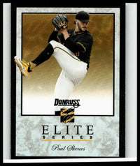 Black and gold 2026 donruss #8 paul skenes elite series baseball trading card showing pitcher in mid-throw