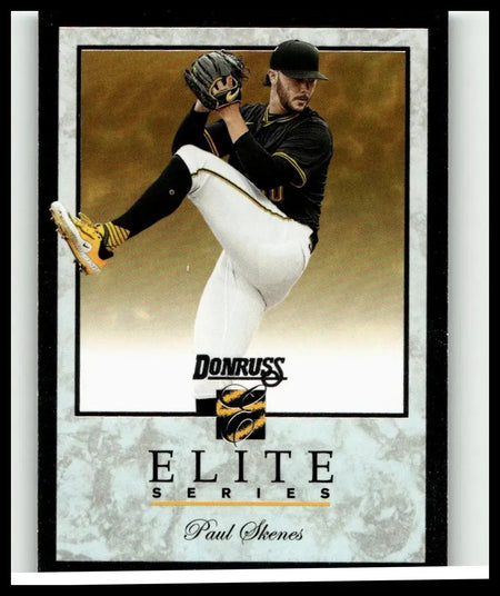 Black and gold 2026 donruss #8 paul skenes elite series baseball trading card showing pitcher in mid-throw