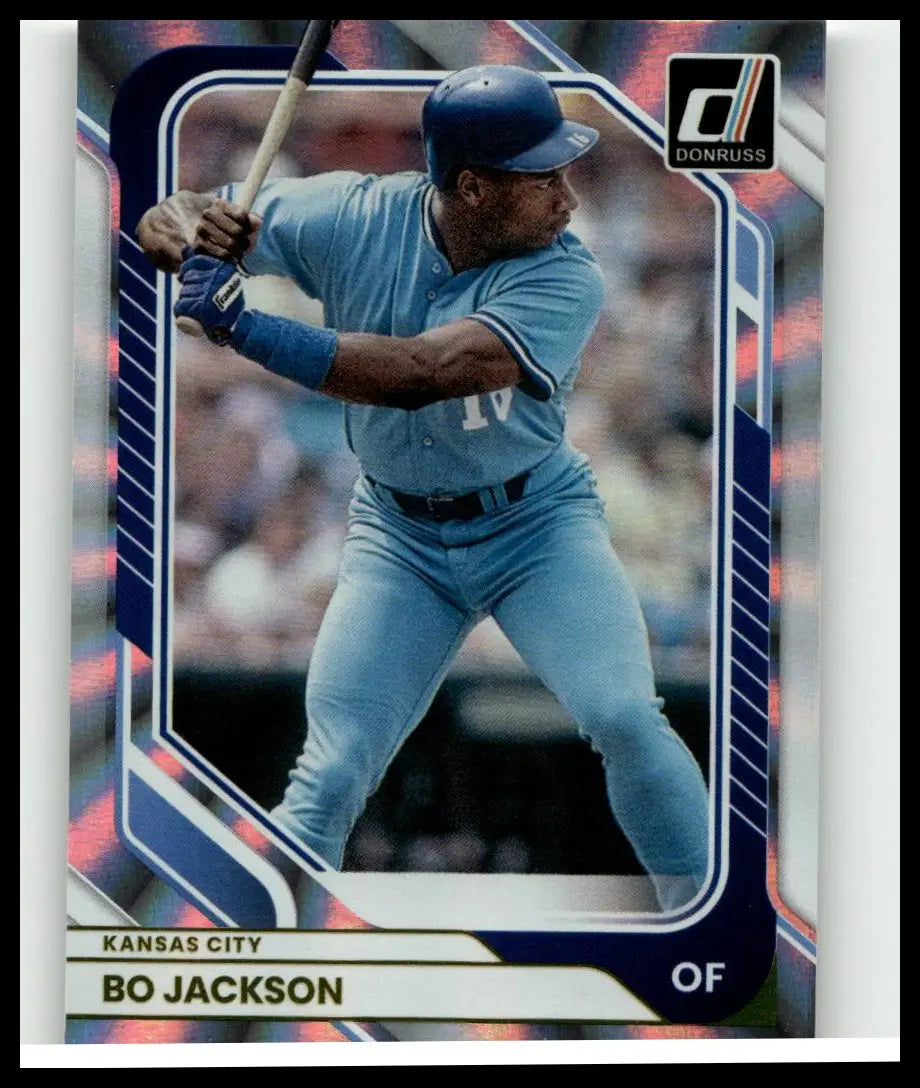 Blue 2026 donruss #82 bo jackson optic holo baseball card featuring jackson in light blue kansas city uniform holding bat