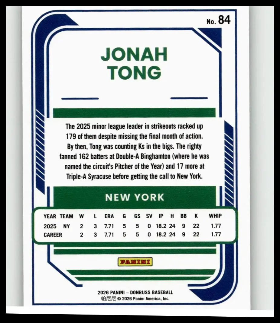 Blue and green baseball trading card of jonah tong numbered 84 from 2026 donruss toys and games collection