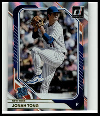 Blue and white pinstriped baseball jersey with blue sleeves worn by jonah tong in new york mets 2026 donruss toy figure