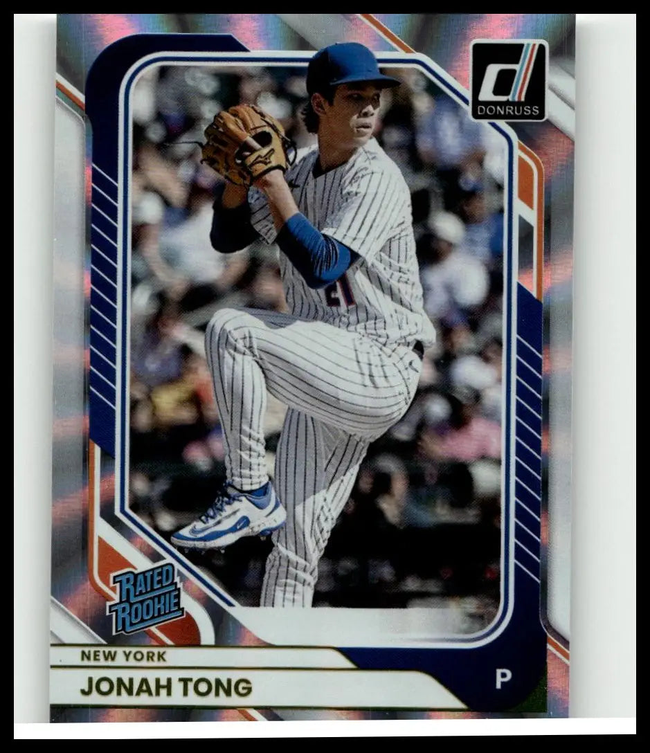 Blue and white pinstriped baseball jersey with blue sleeves worn by jonah tong in new york mets 2026 donruss toy figure