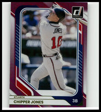 A red white and blue 2026 donruss #85 chipper jones holo purple baseball trading card numbered to 99
