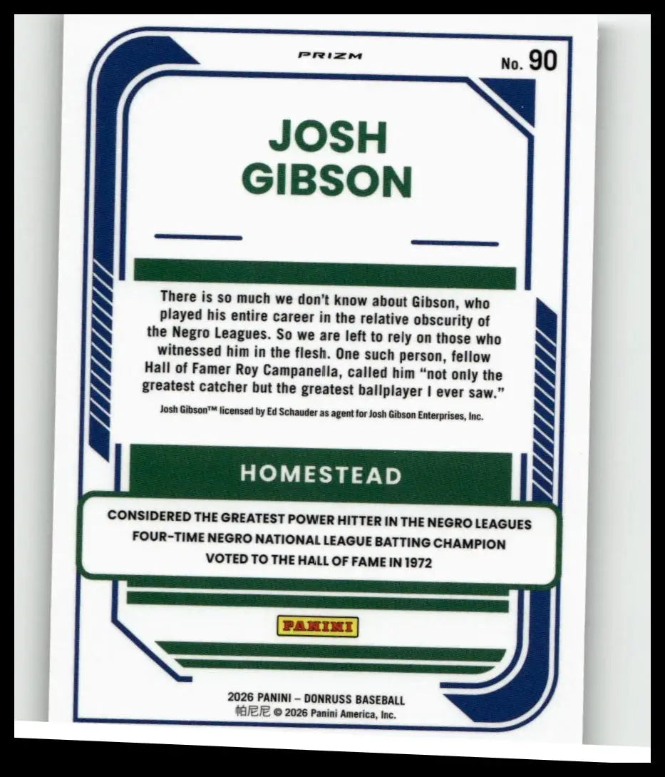 Blue and green framed josh gibson optic baseball trading card from the 2026 donruss series featuring gibson optic design