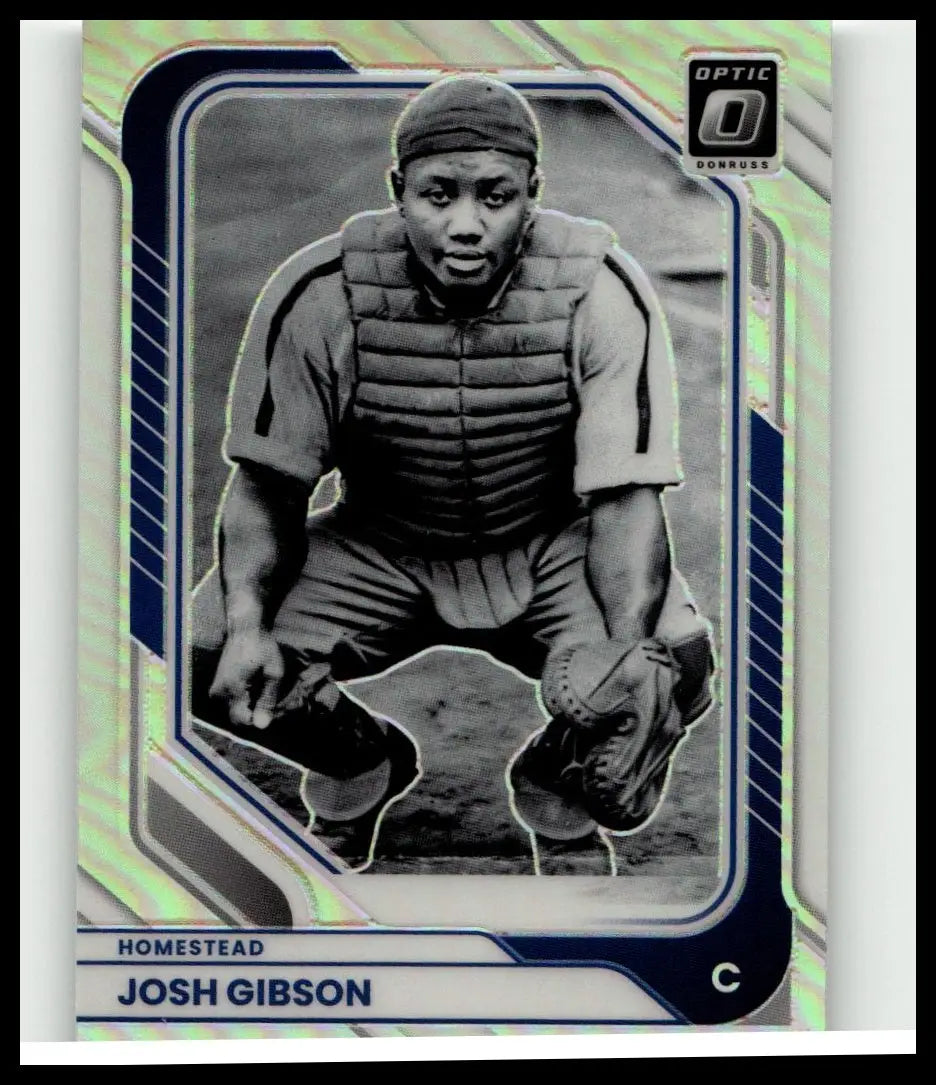Blue and silver framed 2026 donruss #90 josh gibson optic baseball trading card featuring gibson in catchers gear