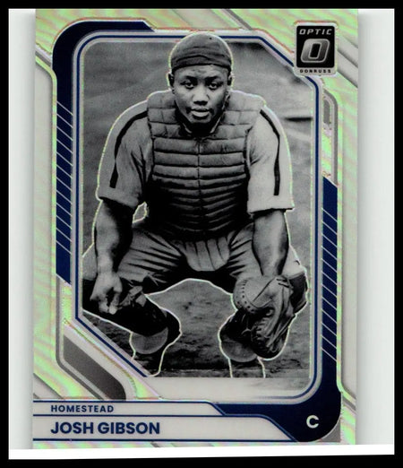Blue and silver framed 2026 donruss #90 josh gibson optic baseball trading card featuring gibson in catchers gear