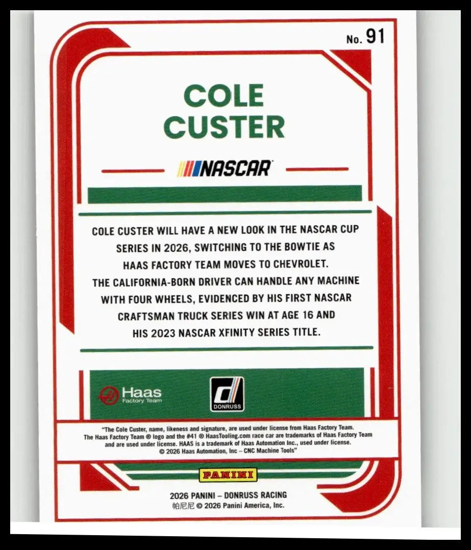 Red and green bordered 2026 donruss cole custer purple nascar trading card numbered 91 of 99 custer purple edition