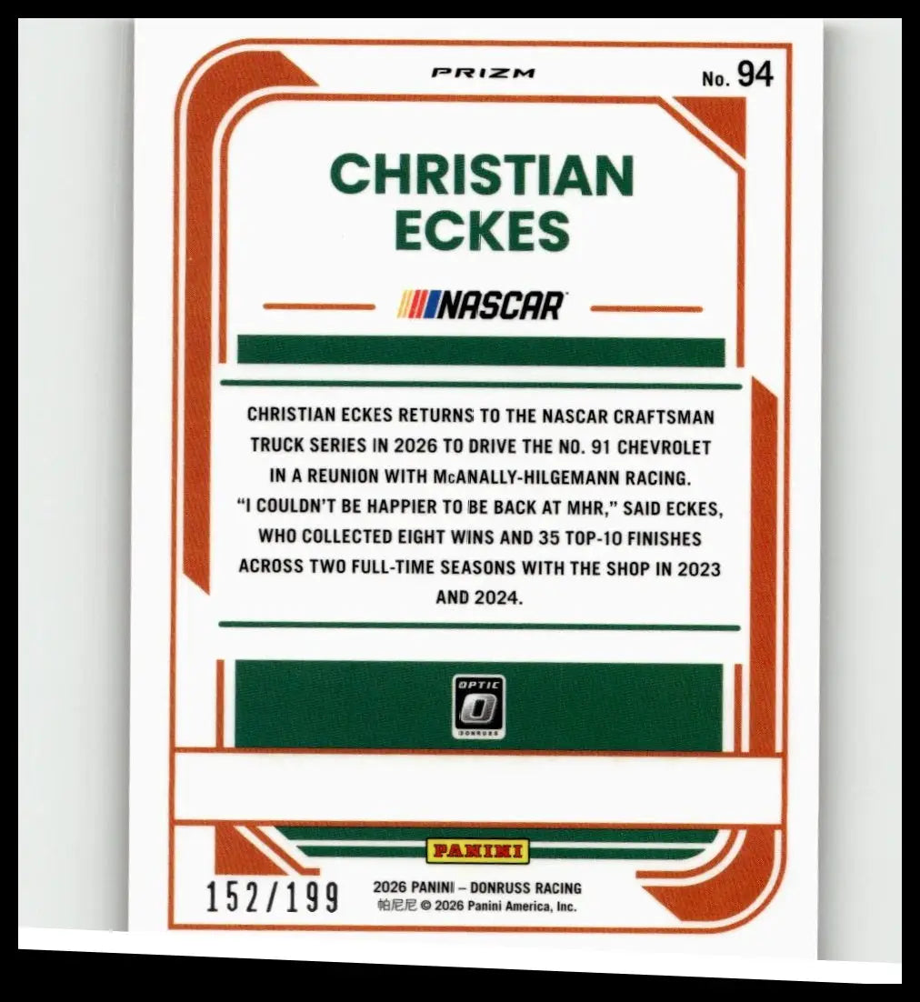 Green and orange-bordered 2026 donruss #94 christian eckes optic red velocity trading card numbered 199