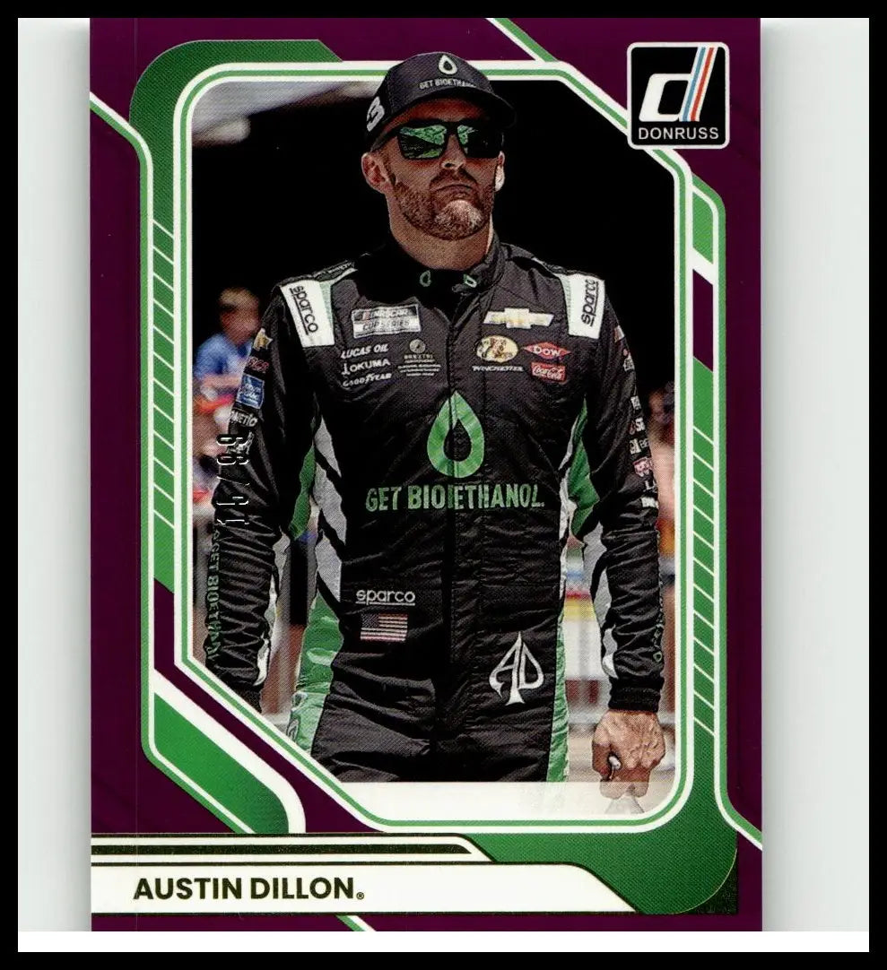 Black racing suit with green accents and sponsor logos for austin dillon purple 2026 donruss #95 collectible