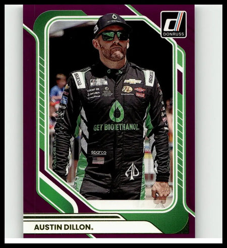 Black racing suit with green accents and sponsor logos for austin dillon purple 2026 donruss #95 collectible