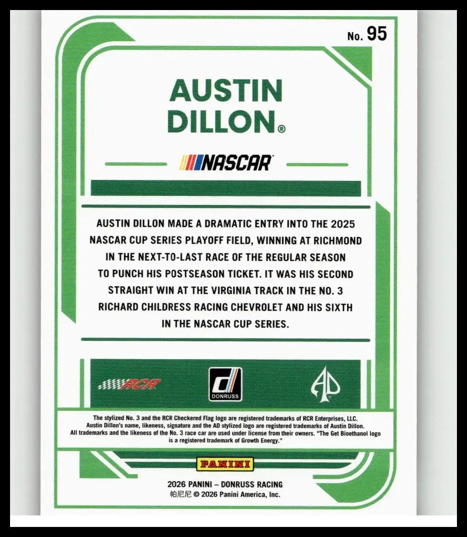 Green and white nascar trading card featuring austin dillon purple limited edition from 2026 donruss series