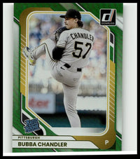Green and gold 2026 donruss laser baseball trading card featuring bubba chandler in gray uniform number 57 jersey