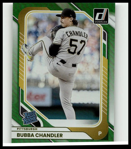 Green and gold 2026 donruss laser baseball trading card featuring bubba chandler in gray uniform number 57 jersey