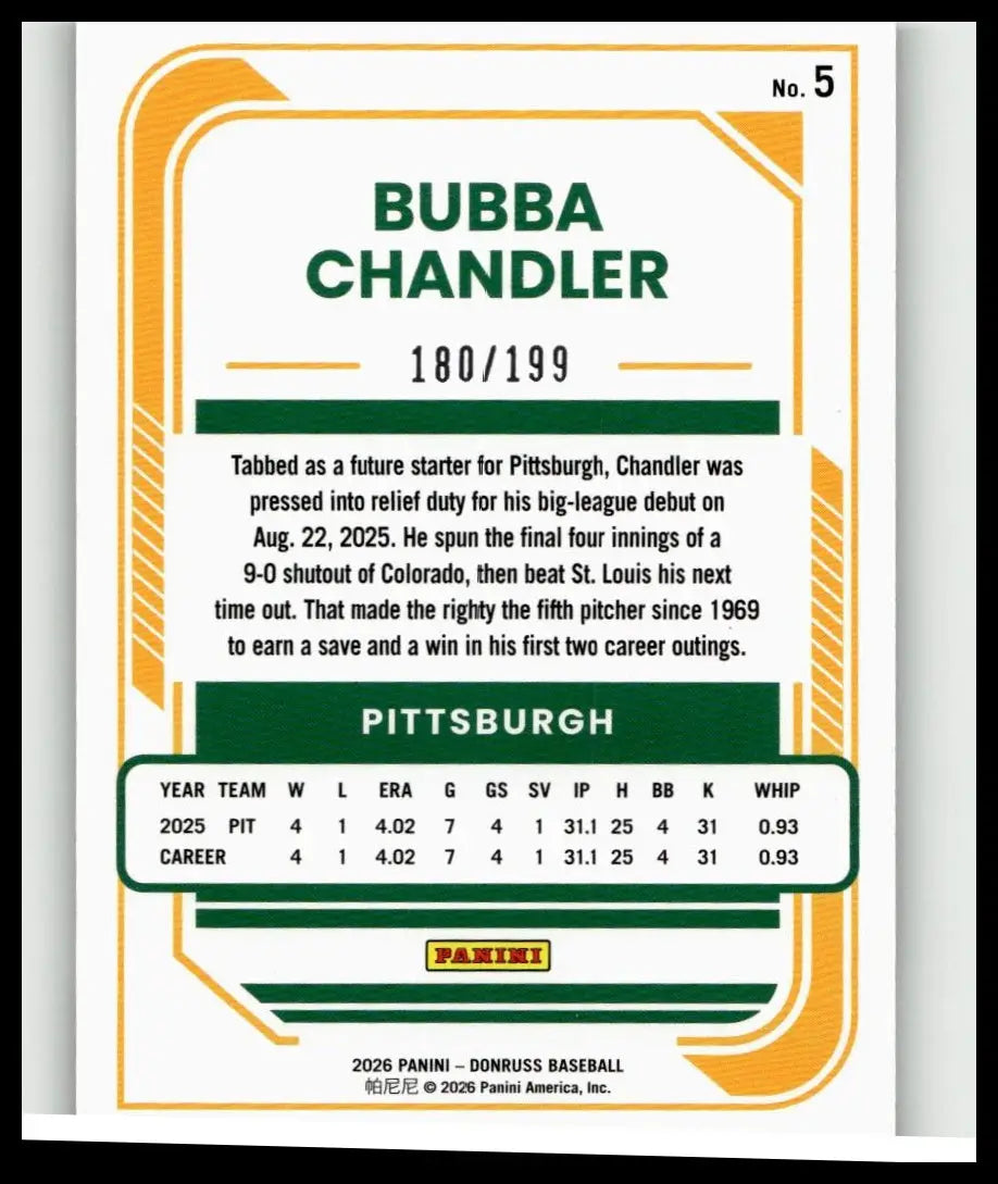 Green and yellow 2026 Donruss Laser baseball trading card featuring Bubba Chandler numbered 5 of 199