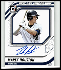 White and navy blue 2026 donruss marek houston next day autographs baseball trading card featuring player in action and signed