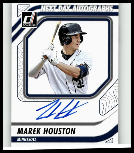 White and navy blue 2026 donruss marek houston next day autographs baseball trading card featuring player in action and signed