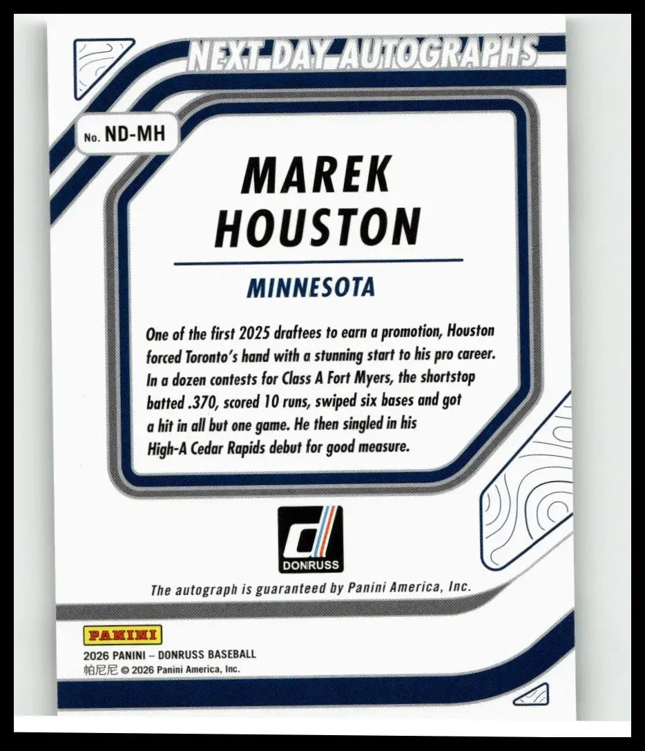 Blue and white 2026 donruss marek houston baseball trading card featuring next day autographs from minnesota