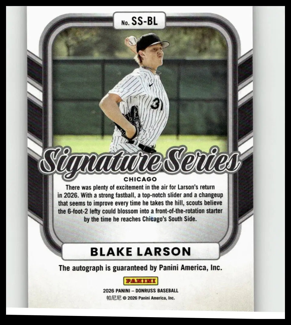 This white and black pinstripe baseball jersey features the number 31 and is part of the blake larson signature series