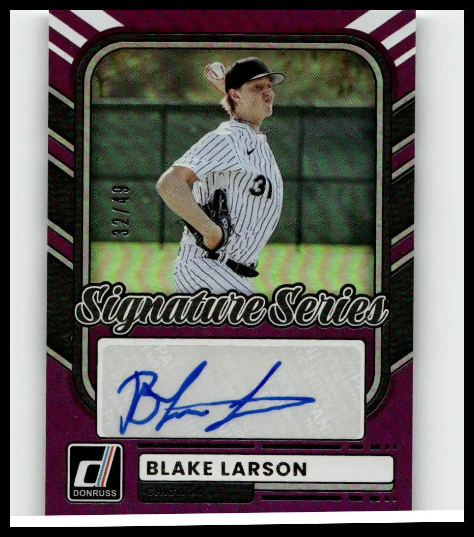 Purple and black 2026 donruss blake larson signature series baseball card featuring autographed pinstriped uniform larson signature