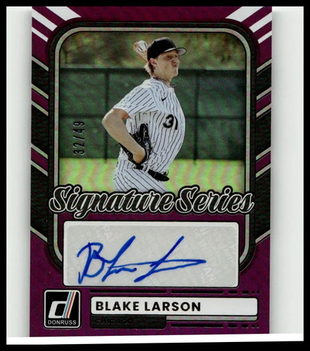 Purple and black 2026 donruss blake larson signature series baseball card featuring autographed pinstriped uniform larson signature