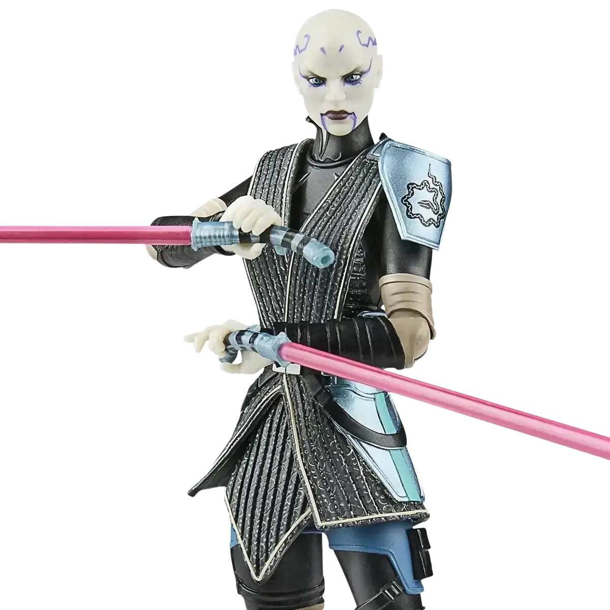 Black and silver armored figure with purple markings holding two pink lightsabers.
