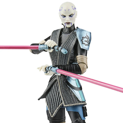 Black and silver armored figure with purple markings holding two pink lightsabers.