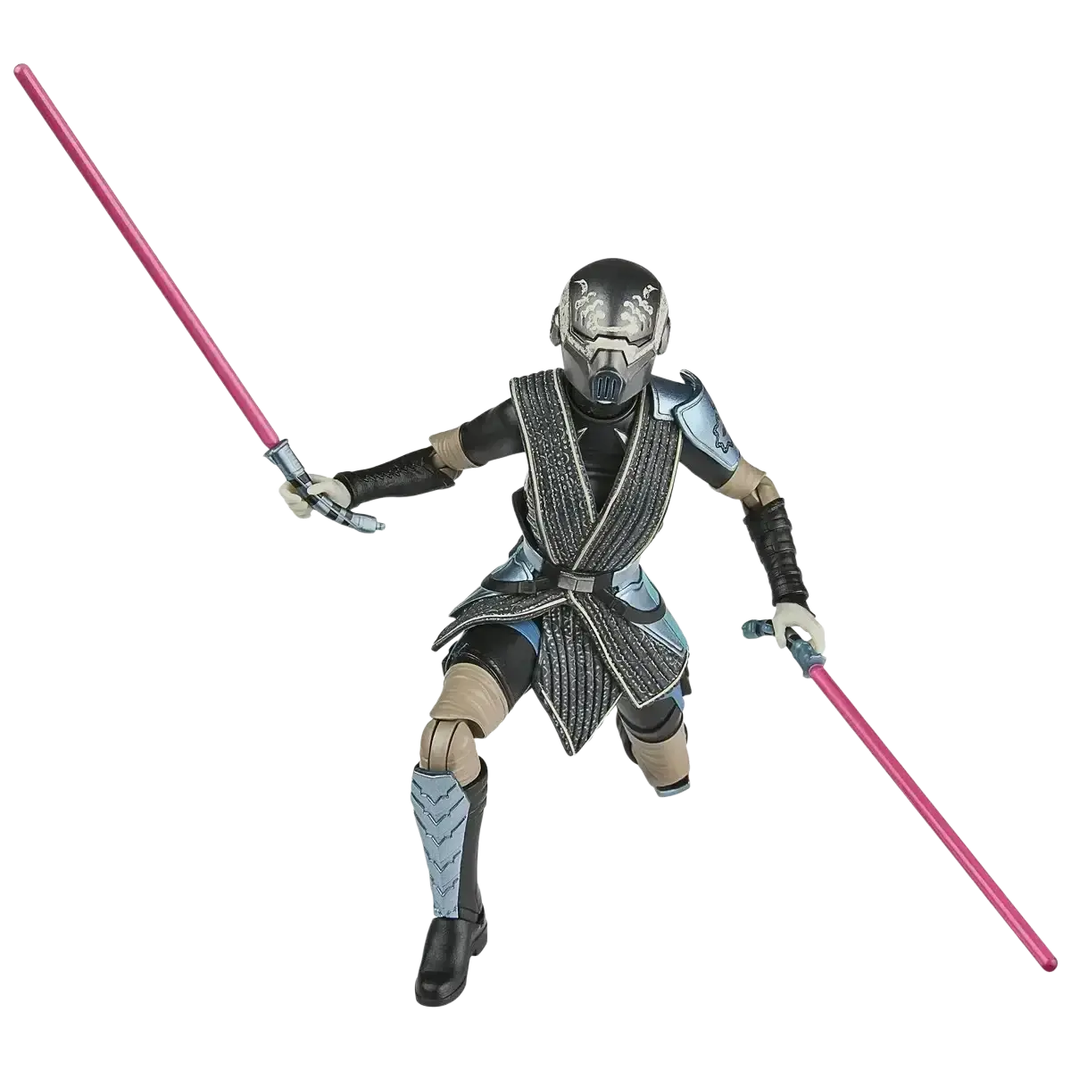 Black and silver armored figure with blue accents, holding two pink lightsabers.