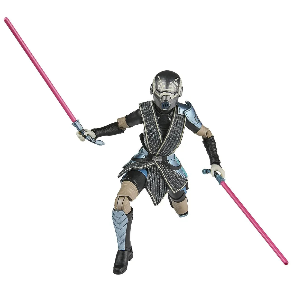 Black and silver armored figure with blue accents, holding two pink lightsabers.