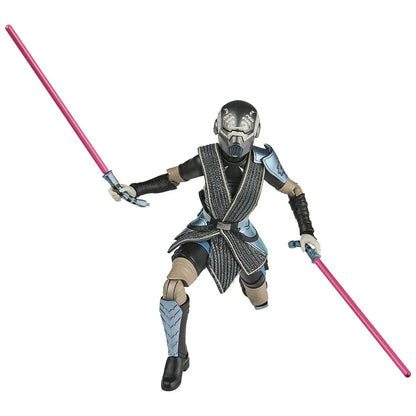 Black and silver armored figure with blue accents, holding two pink lightsabers.