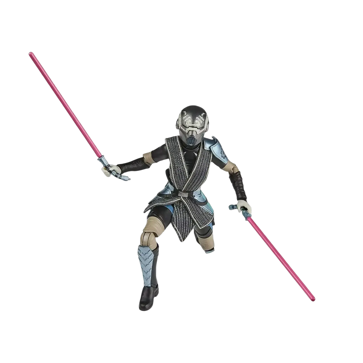 Black and silver armored star wars the black series action figure holding two pink lightsabers.