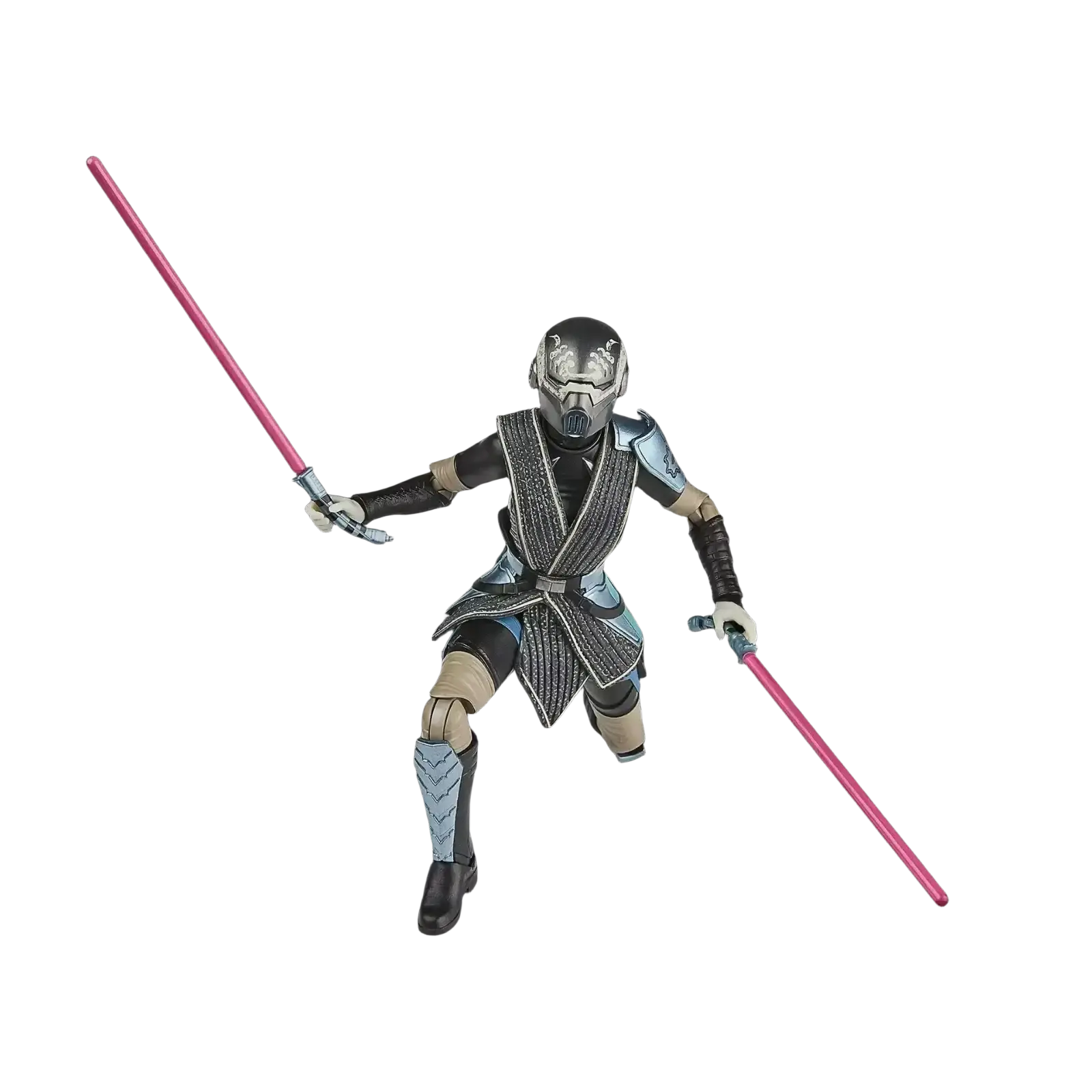 Black and silver armored star wars the black series action figure holding two pink lightsabers.