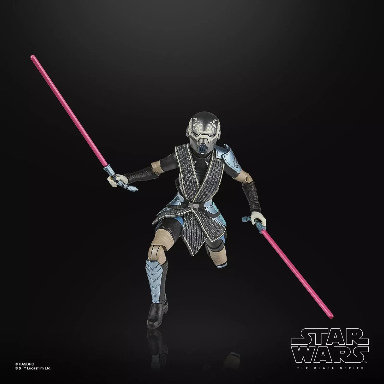 Black and silver armored star wars the black series action figure holding two pink lightsabers.
