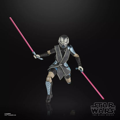 Black and silver armored star wars the black series action figure holding two pink lightsabers.
