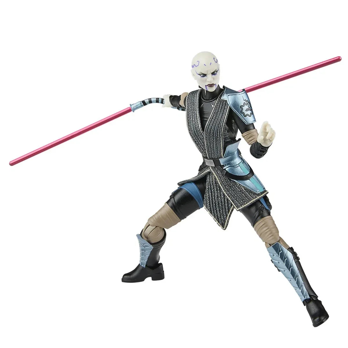 A star wars action figure of asajj ventress, featuring a pale face with purple markings, black and silver armor accented with blue details, and holding a pink lightsaber.