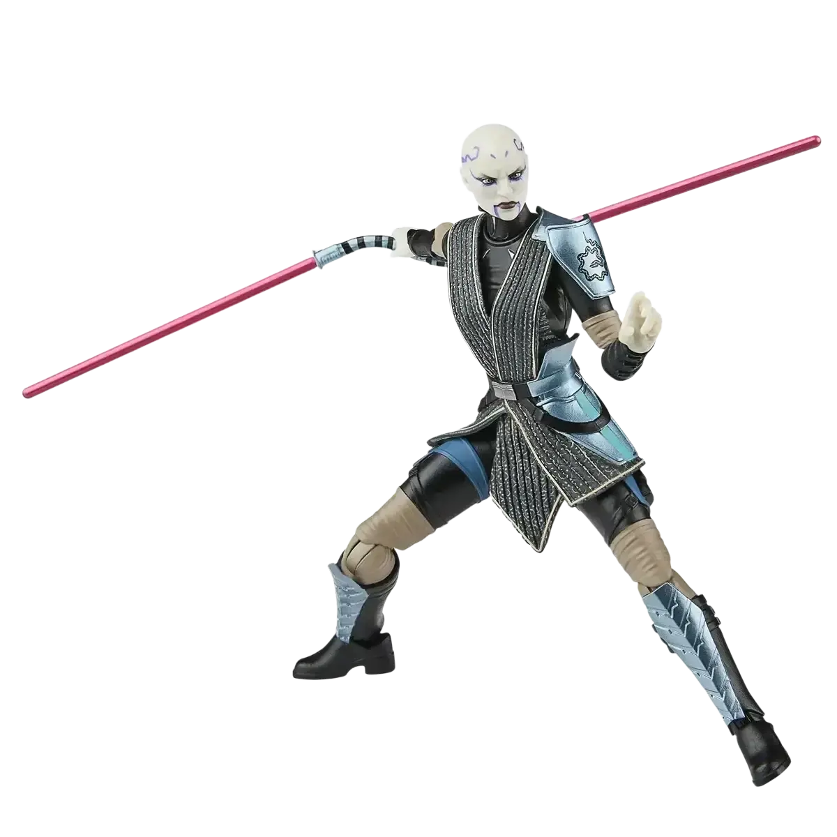 A star wars action figure of asajj ventress, featuring a pale face with purple markings, black and silver armor accented with blue details, and holding a pink lightsaber.