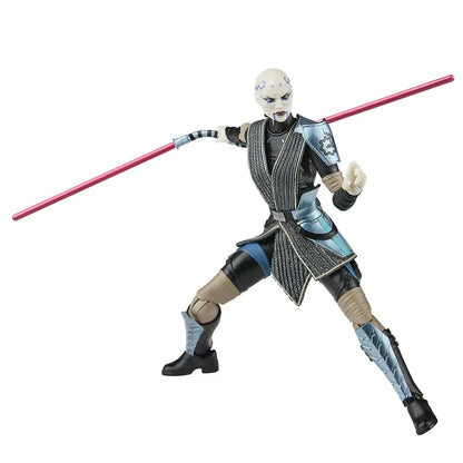 A star wars action figure of asajj ventress, featuring a pale face with purple markings, black and silver armor accented with blue details, and holding a pink lightsaber.
