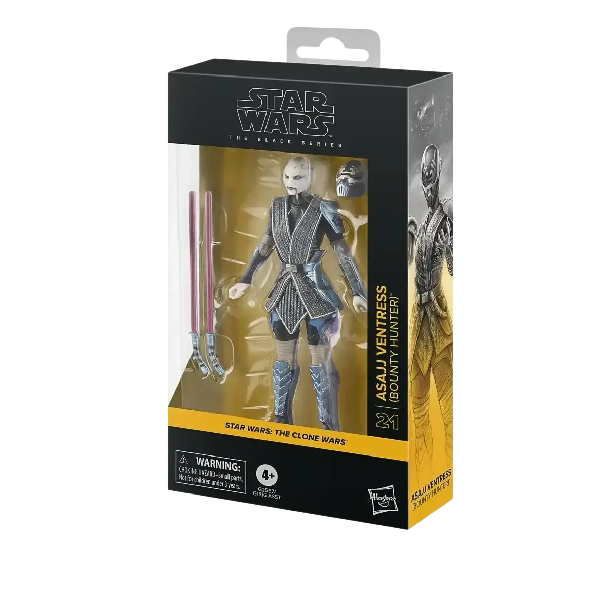 Asajj ventress bounty hunter action figure in black and silver armor with two pink lightsabers, packaged in a star wars the black series box.
