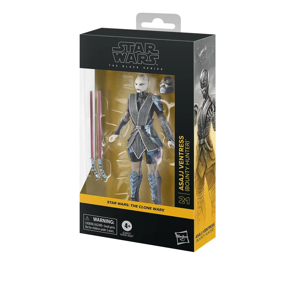 Asajj ventress bounty hunter action figure in black and silver armor with two pink lightsabers, packaged in a star wars the black series box.