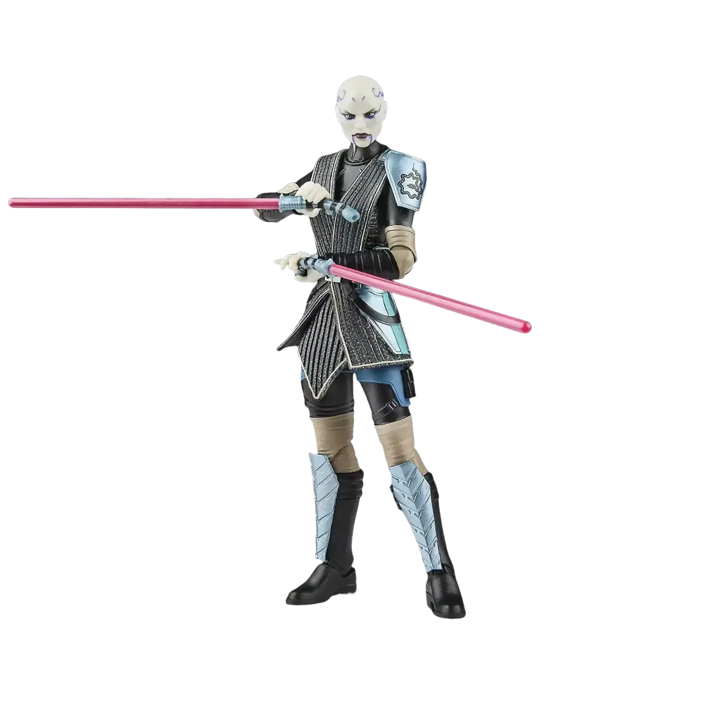 A star wars the black series action figure of asajj ventress, featuring a pale complexion with dark markings and wearing black, silver, and blue armor accented by tan straps, holding two pink lightsabers.