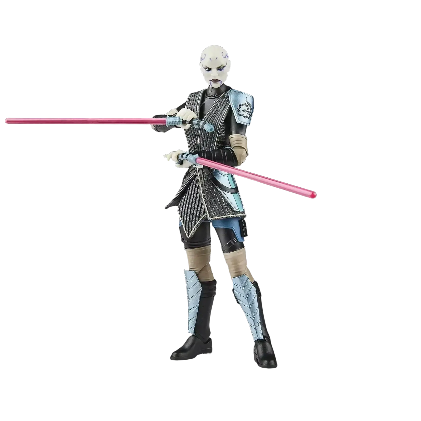 A star wars the black series action figure of asajj ventress, featuring a pale complexion with dark markings and wearing black, silver, and blue armor accented by tan straps, holding two pink lightsabers.