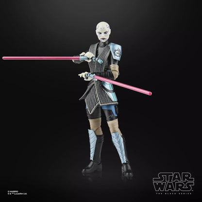 A star wars the black series action figure of asajj ventress, featuring a pale complexion with dark markings and wearing black, silver, and blue armor accented by tan straps, holding two pink lightsabers.