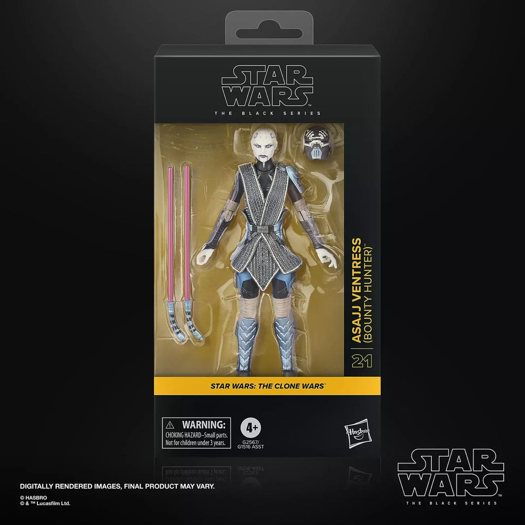 Asajj ventress, a star wars the black series action figure from ’star wars: the clone wars,’ dressed in her signature black and silver armor with two pink lightsabers included.