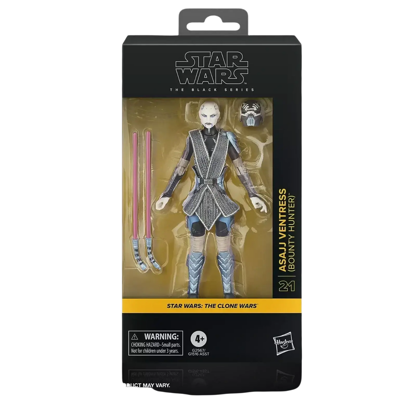 Asajj ventress, a star wars the black series action figure from ’star wars: the clone wars,’ dressed in her signature black and silver armor with two pink lightsabers included.