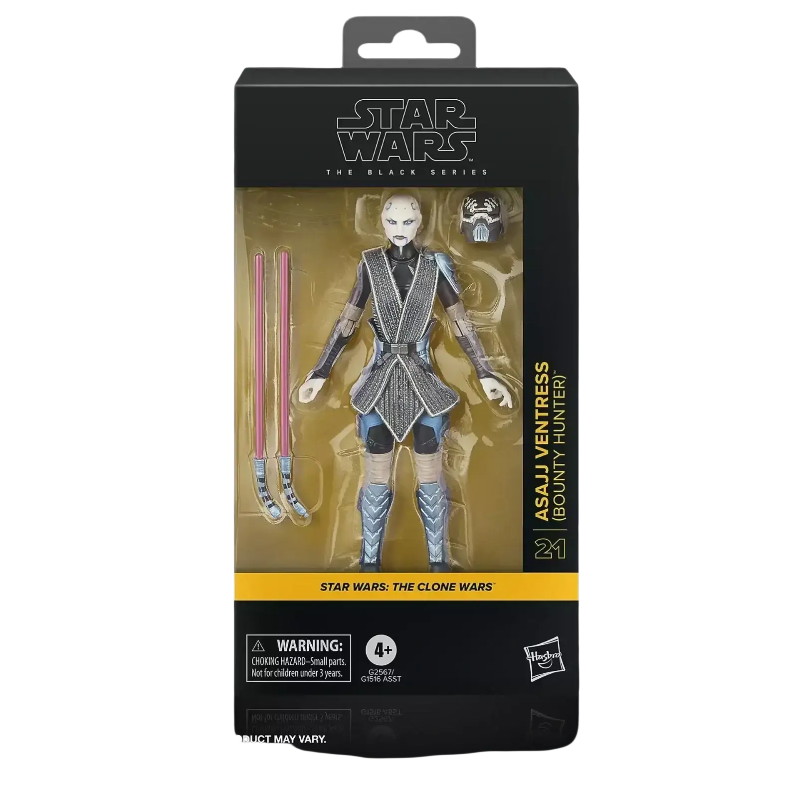 Asajj ventress, a star wars the black series action figure from ’star wars: the clone wars,’ dressed in her signature black and silver armor with two pink lightsabers included.