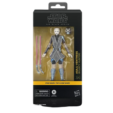 Asajj ventress, a star wars the black series action figure from ’star wars: the clone wars,’ dressed in her signature black and silver armor with two pink lightsabers included.