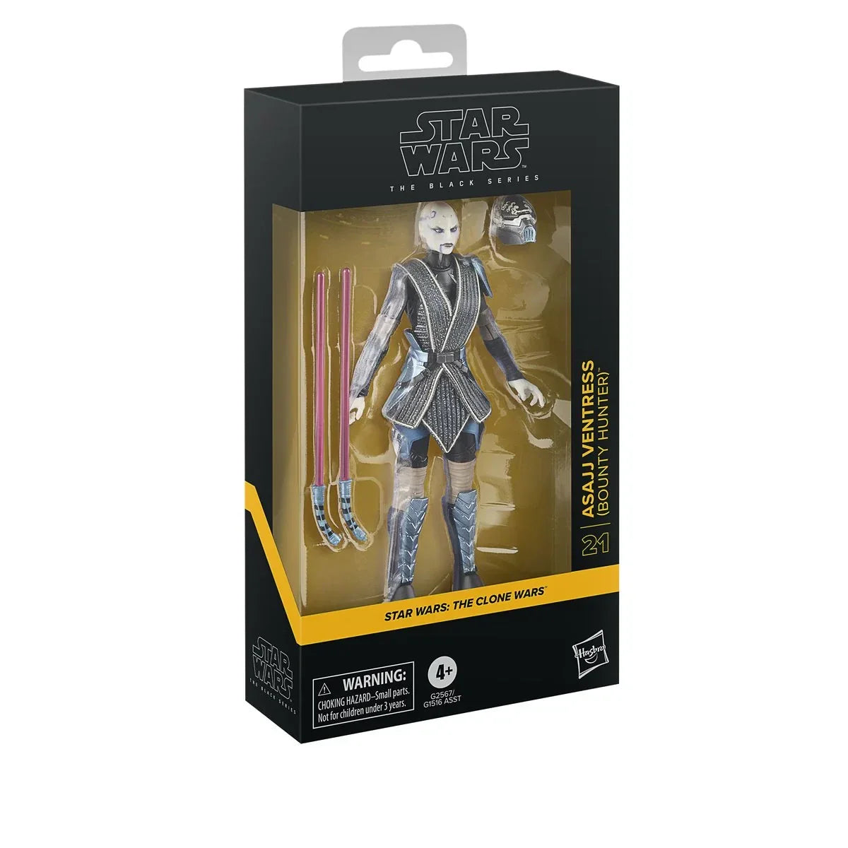 Asajj ventress, a black and silver armored bounty hunter figure from star wars: the clone wars.